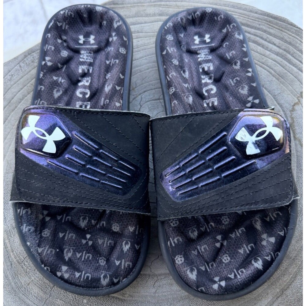 Under Armour Mercenary Youth Slides Sandals Size 3Y Black Purple Foam Comfort